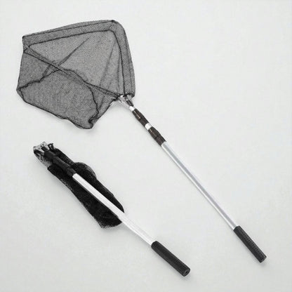 Close-up of the landing net’s fine mesh and joint connector, highlighting strong nylon netting and reinforced frame for durability.
