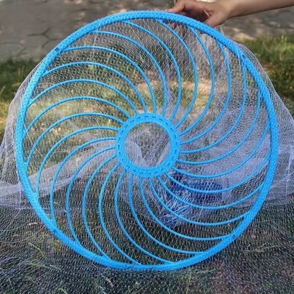 Blue spreader ring of nylon monofilament fishing cast net showing strong mesh structure