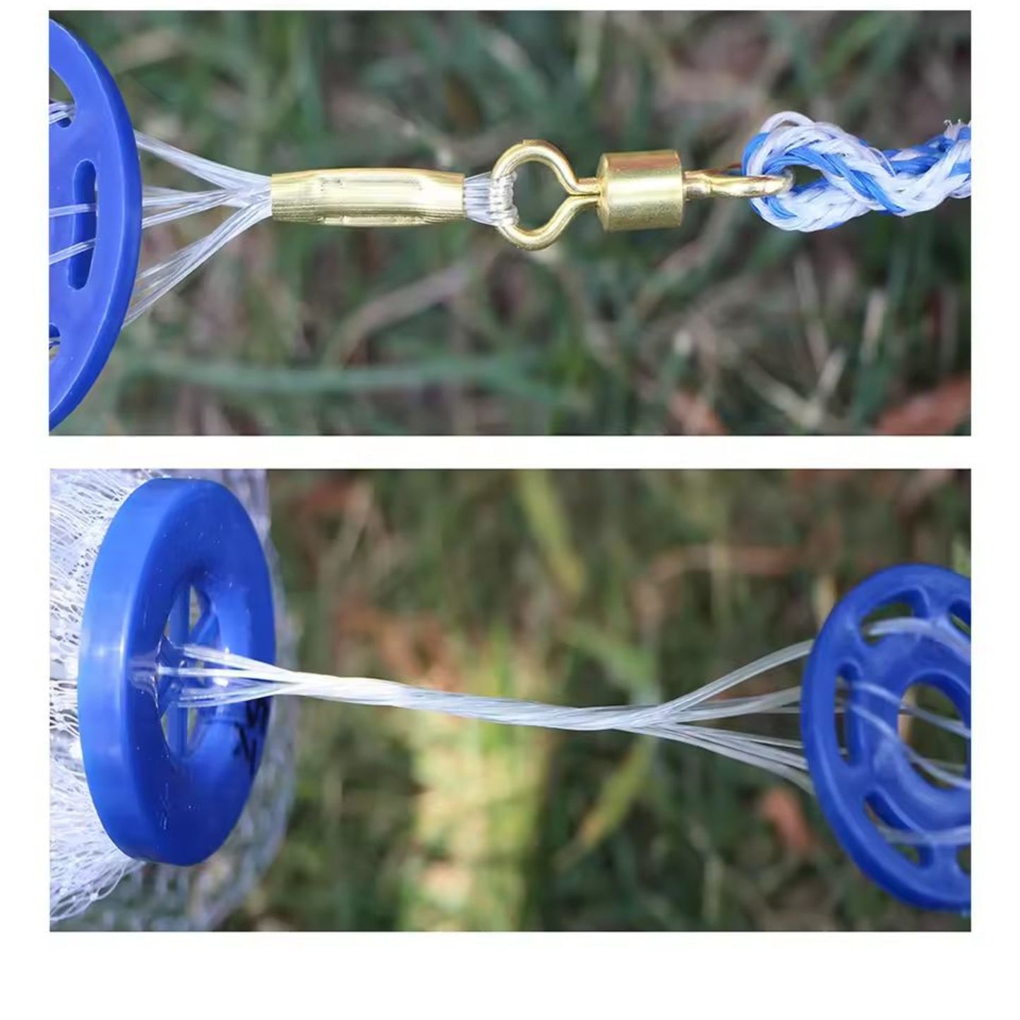 Close-up of durable swivel connector on nylon monofilament cast net for smooth casting

