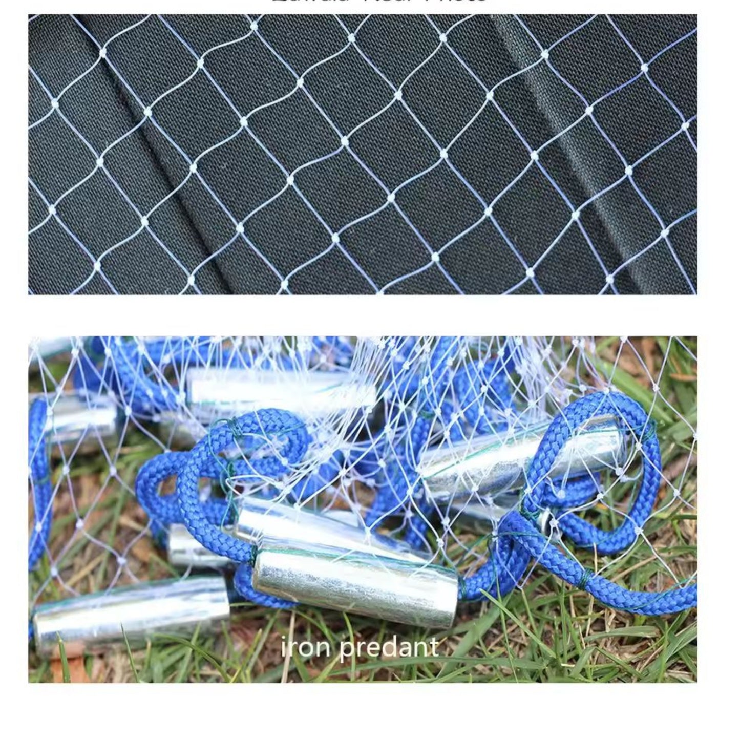 Close-up of nylon fishing net with lead sinkers showing durable mesh and knot details