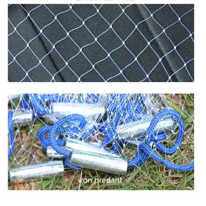 Close-up of nylon fishing net with lead sinkers showing durable mesh and knot details