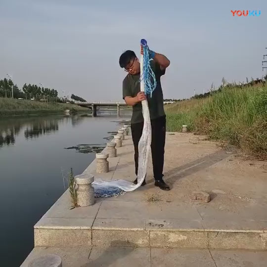 Nylon monofilament cast net demo showing hand throw technique, quick spread, and smooth retrieval for bait catching in sea and river fishing.