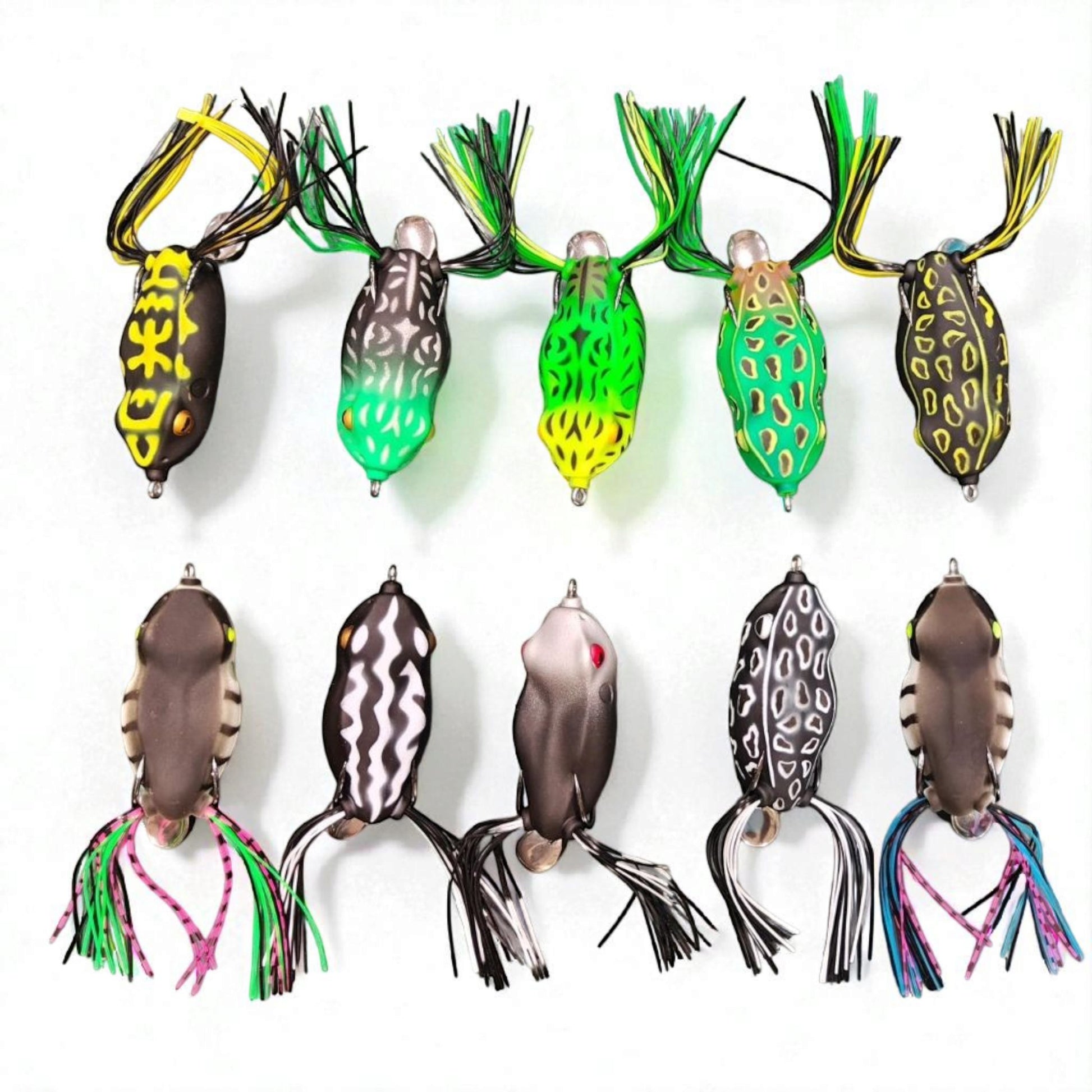 Complete set of realistic topwater frog fishing lures in assorted colors with lifelike eyes, soft hollow body, and silicone skirt legs designed to mimic real frogs, ideal for targeting bass, snakehead, pike, and other predator fish in freshwater lakes, rivers, and ponds."