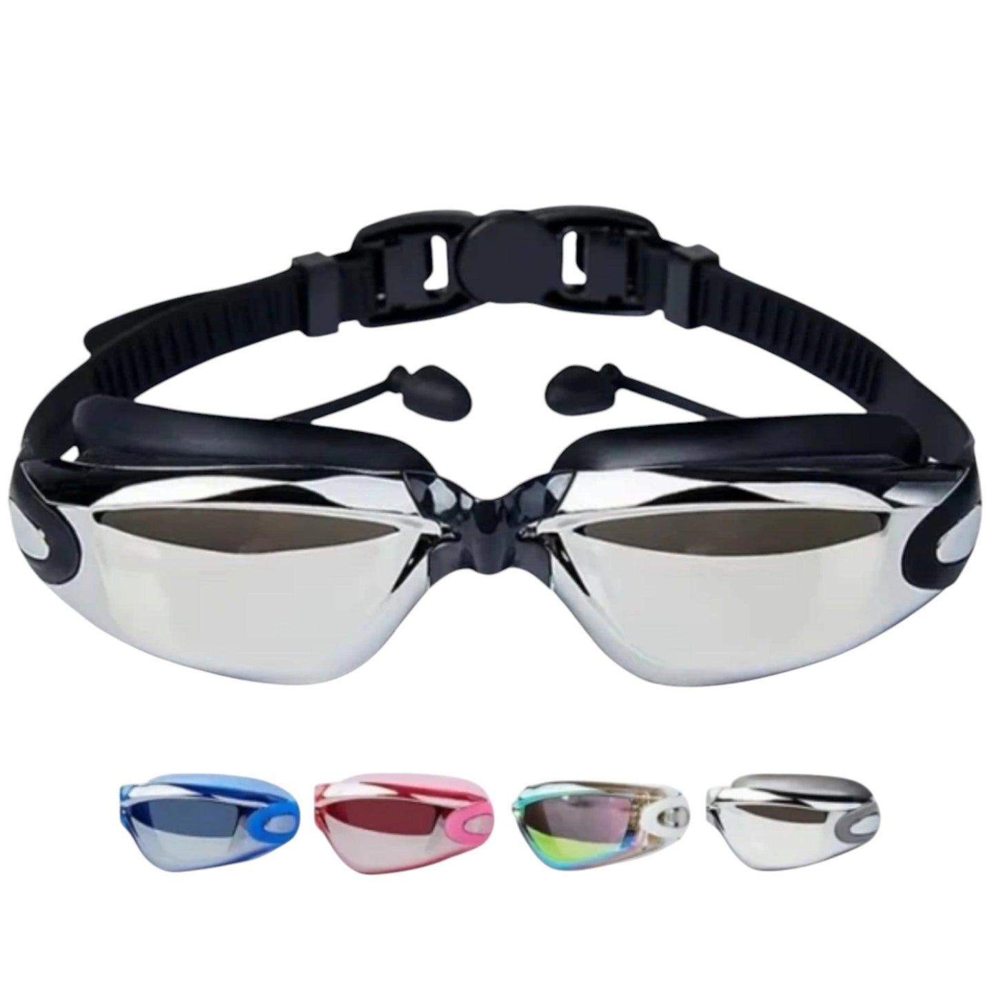 Black mirrored swimming goggles with anti-fog and UV protection