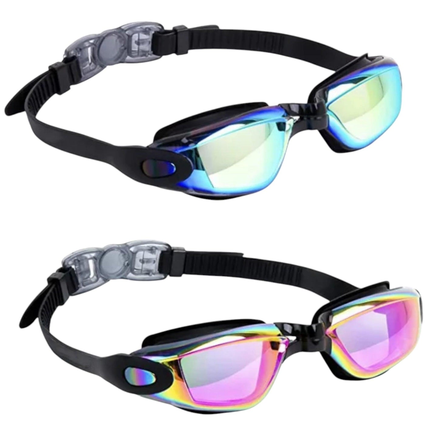 High-quality rainbow mirrored swimming goggles with anti-fog and UV protection