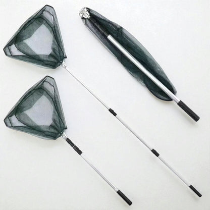 Side view of telescopic fishing landing net with extendable aluminum handle and deep black mesh net, ideal for catching fish from a distance.
